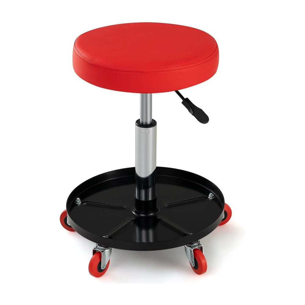 Height Adjustable Mechanic Stool with red padded seat and black storage tray with wheels
