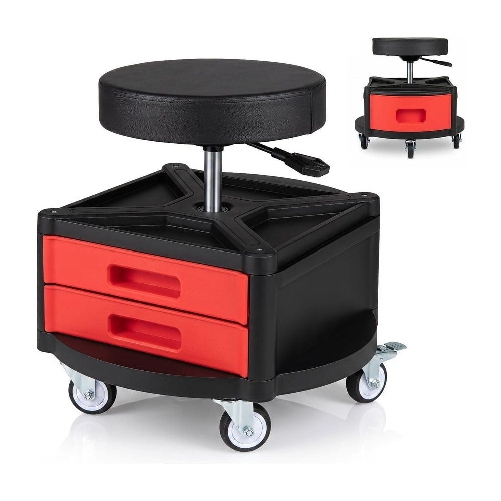 Height-Adjustable Rolling Mechanic Stool with cushioned seat and tool tray