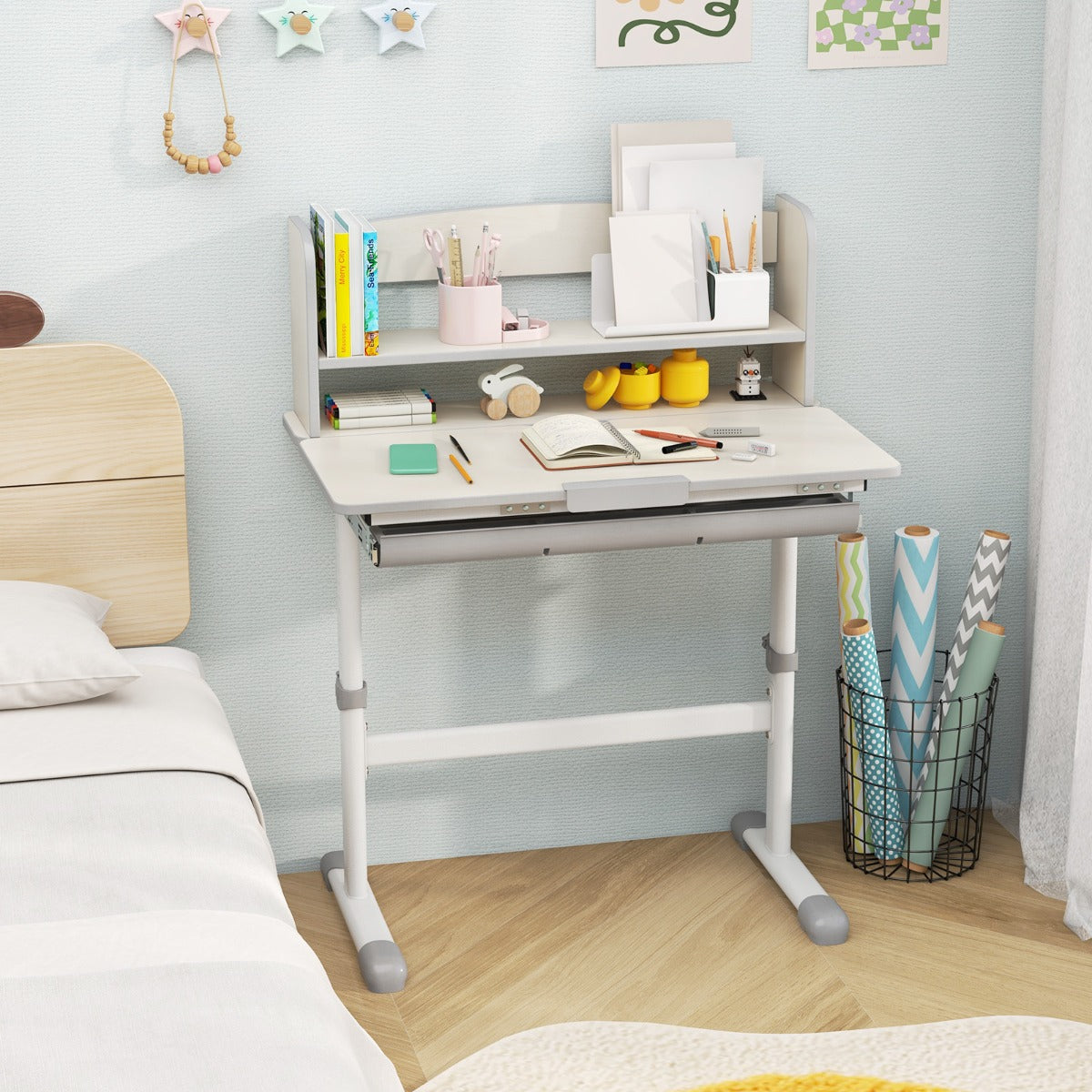 Height Adjustable Children Writing Table with Tilt Desktop and Hutch-Grey