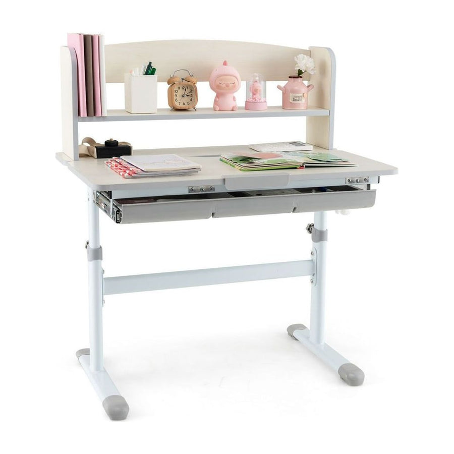 Height Adjustable Children Writing Table with Tilt Desktop and Hutch-Grey
