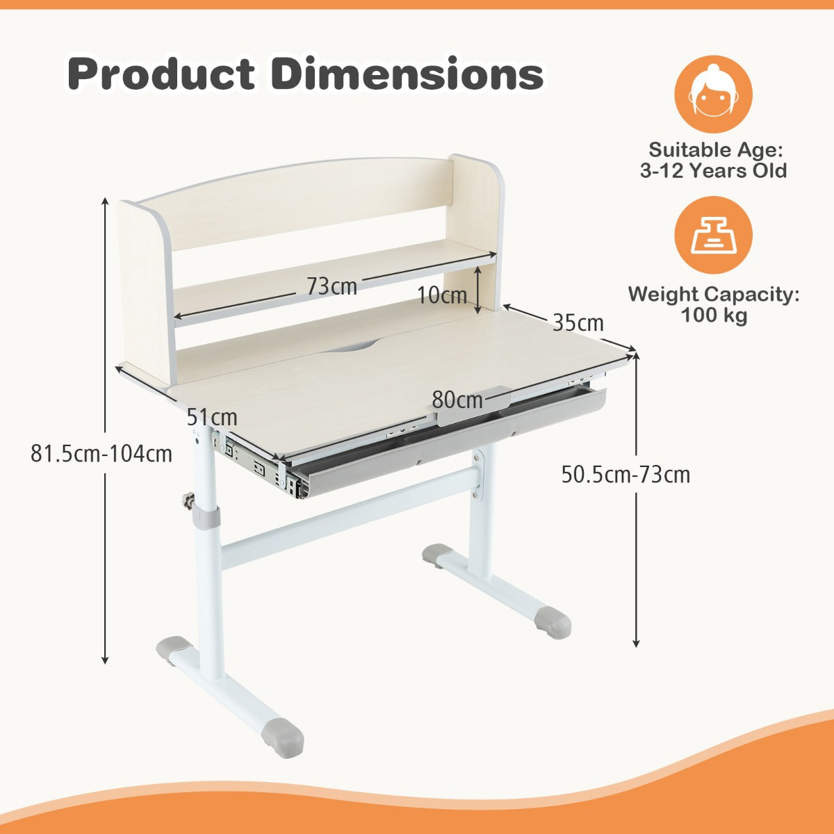 Height Adjustable Children Writing Table with Tilt Desktop and Hutch-Grey