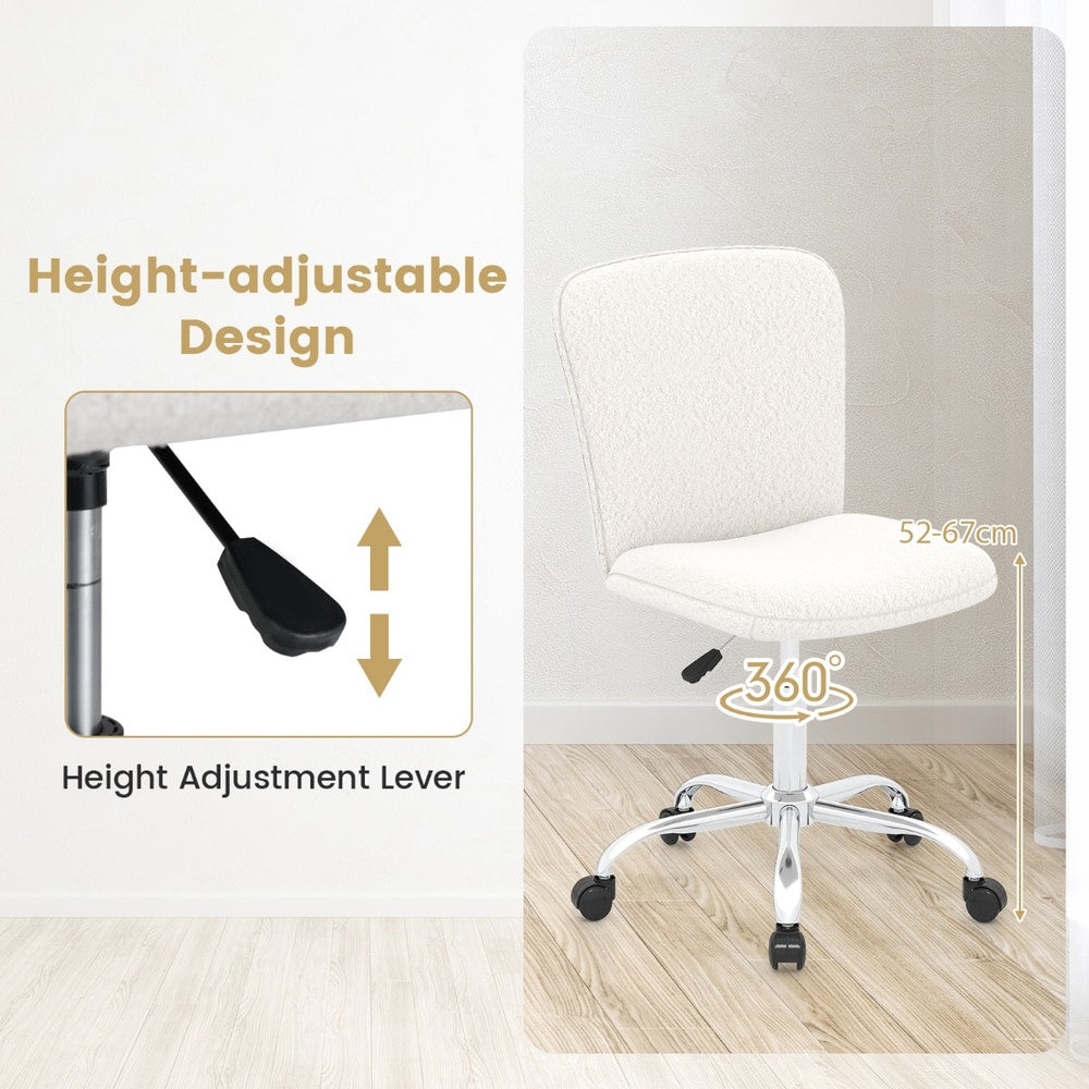 White ergonomic office chair with wheels, showing the height adjustment lever