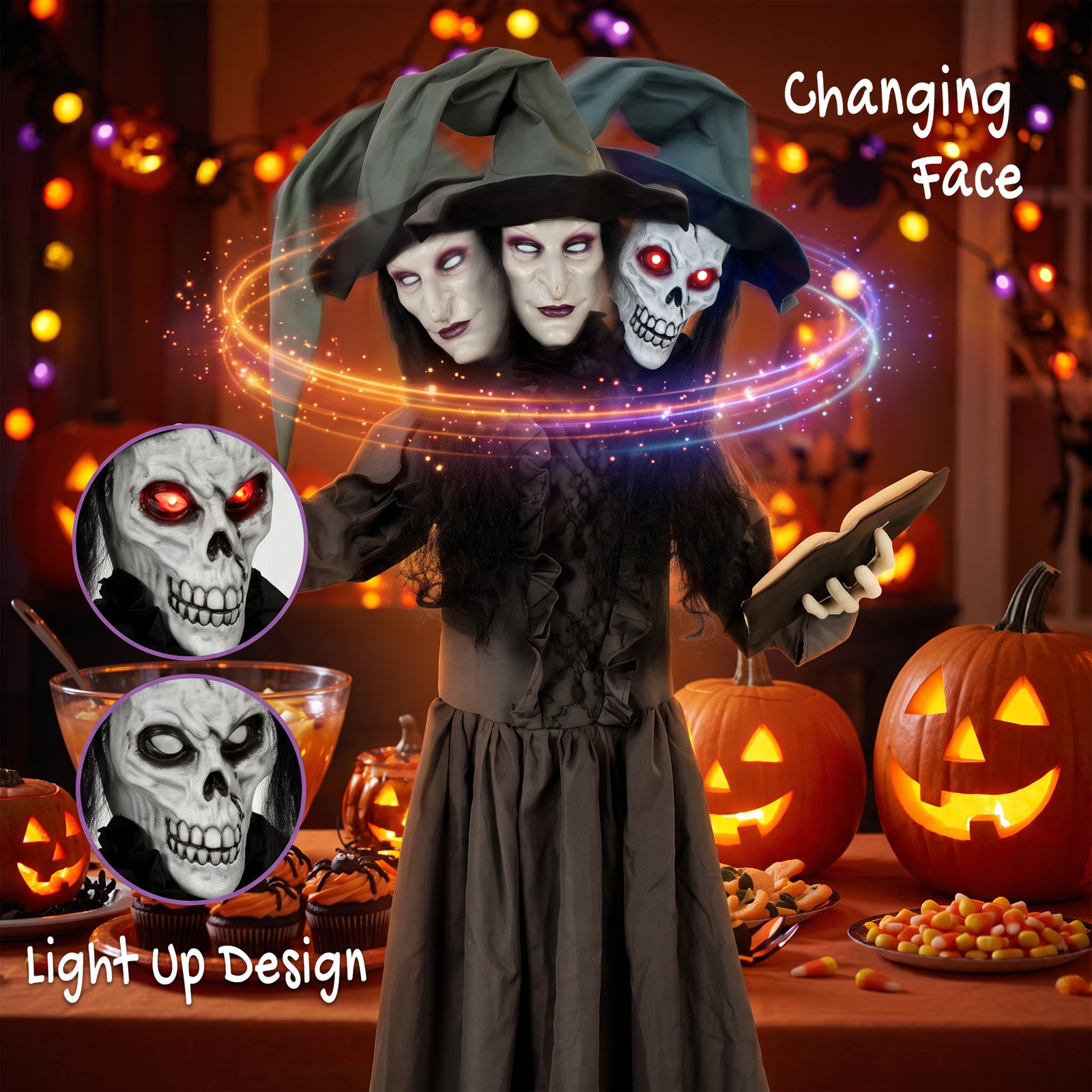 HOMCOM 180cm Life Size Animated Witch Halloween Decorations Outdoor Indoor, Scary Halloween Animatronics Decor