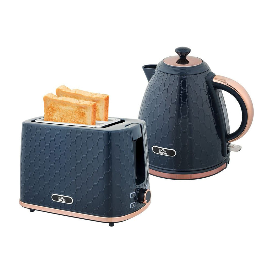 HOMCOM 1.7L 3000W Fast Boil Kettle & 2 Slice Toaster Set in blue with copper trim, showing the kettle and toaster together