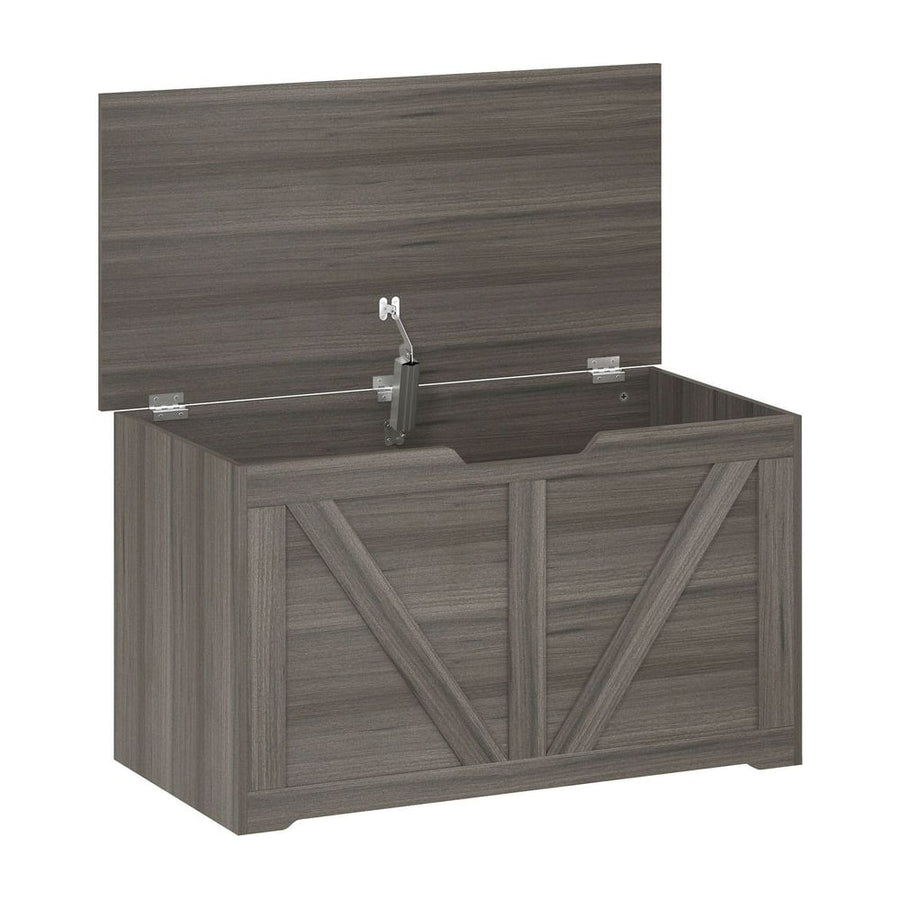 HOMCOM 100L Home Storage Box, with Safety Hinge - Dark Grey Wood-Effect