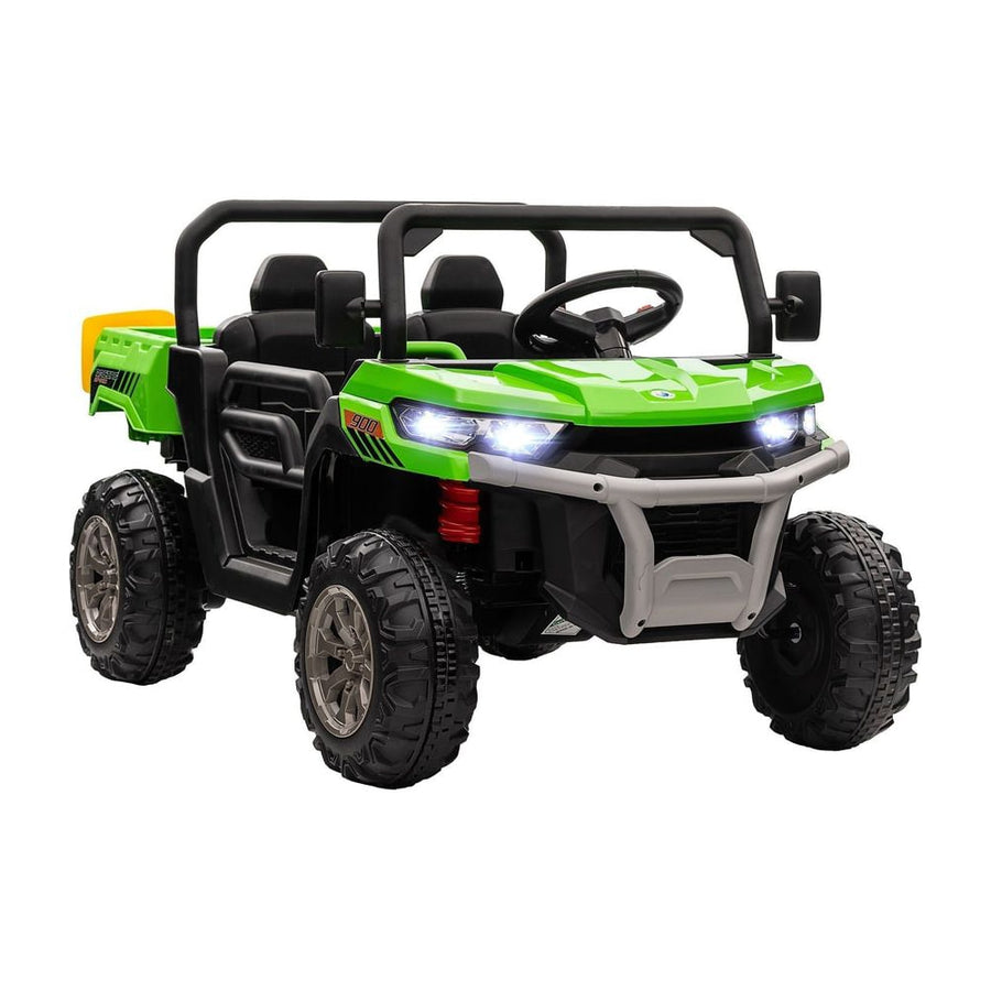 HOMCOM 12V 2 Seater Kids Electric Ride-On Car in green with black roll bar and large wheels
