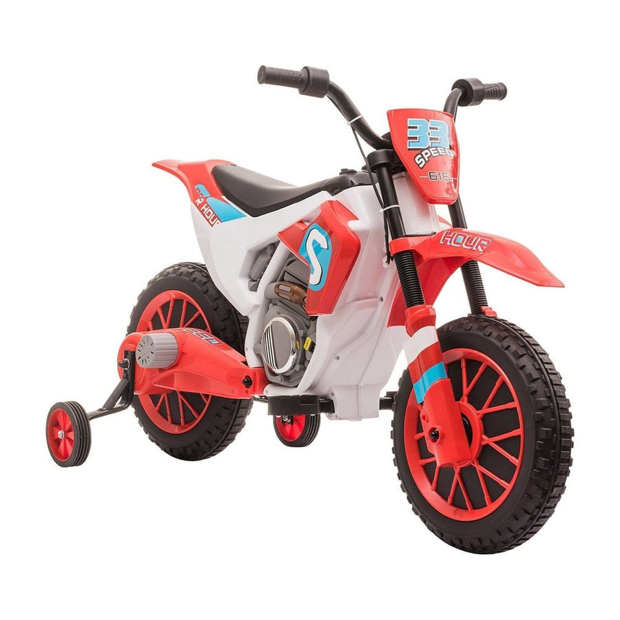 HOMCOM 12V Kids Electric Motorcycle Ride-On in red and white with training wheels on a white background
