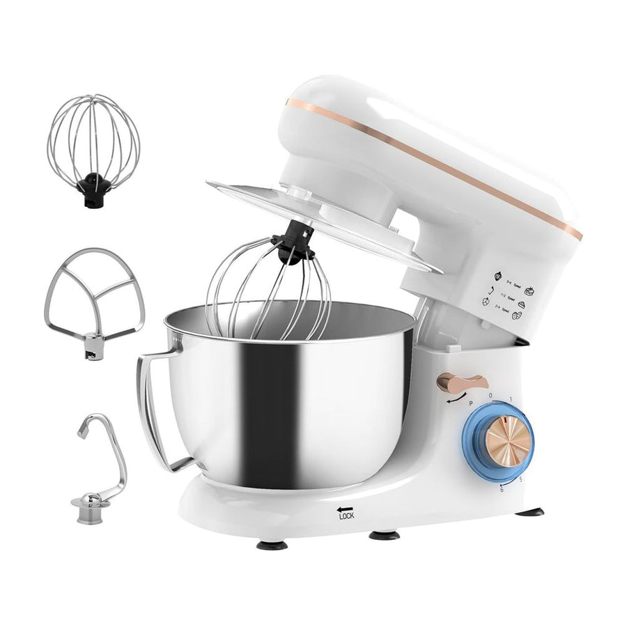 HOMCOM 1300W Kitchen Stand Mixer shown with a whisk, dough hook and beater attachment