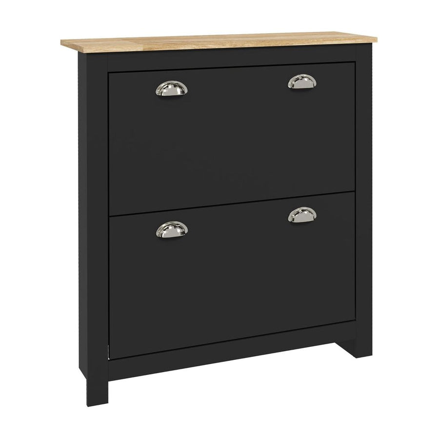 HOMCOM 2 Drawer Shoe Cabinet in black with a light wood top and silver handles