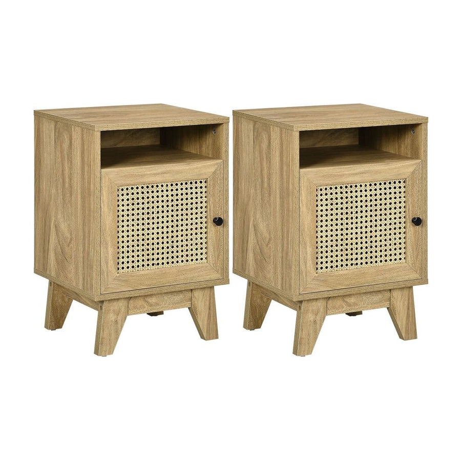 HOMCOM 2-Piece Narrow Rattan Nightstands, Side End Table with Shelf and Cupboard, 39cm x 35cm x 60cm, Natural