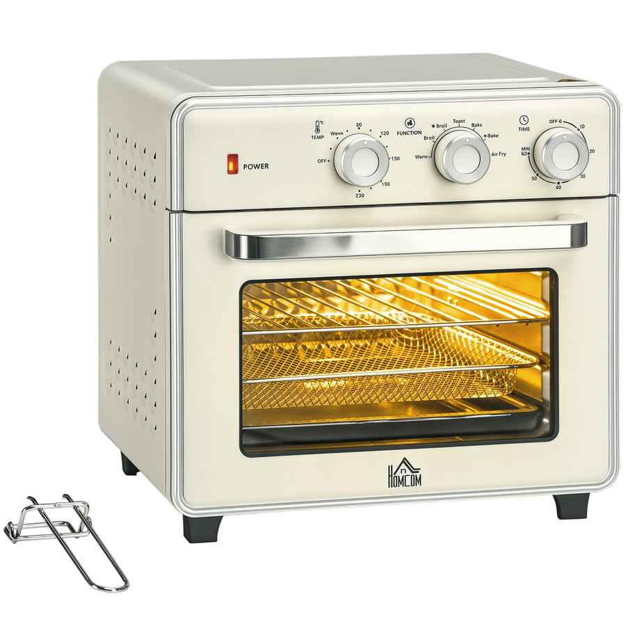 HOMCOM 20L Mini Electric Oven in cream with a wire rack and baking tray inside
