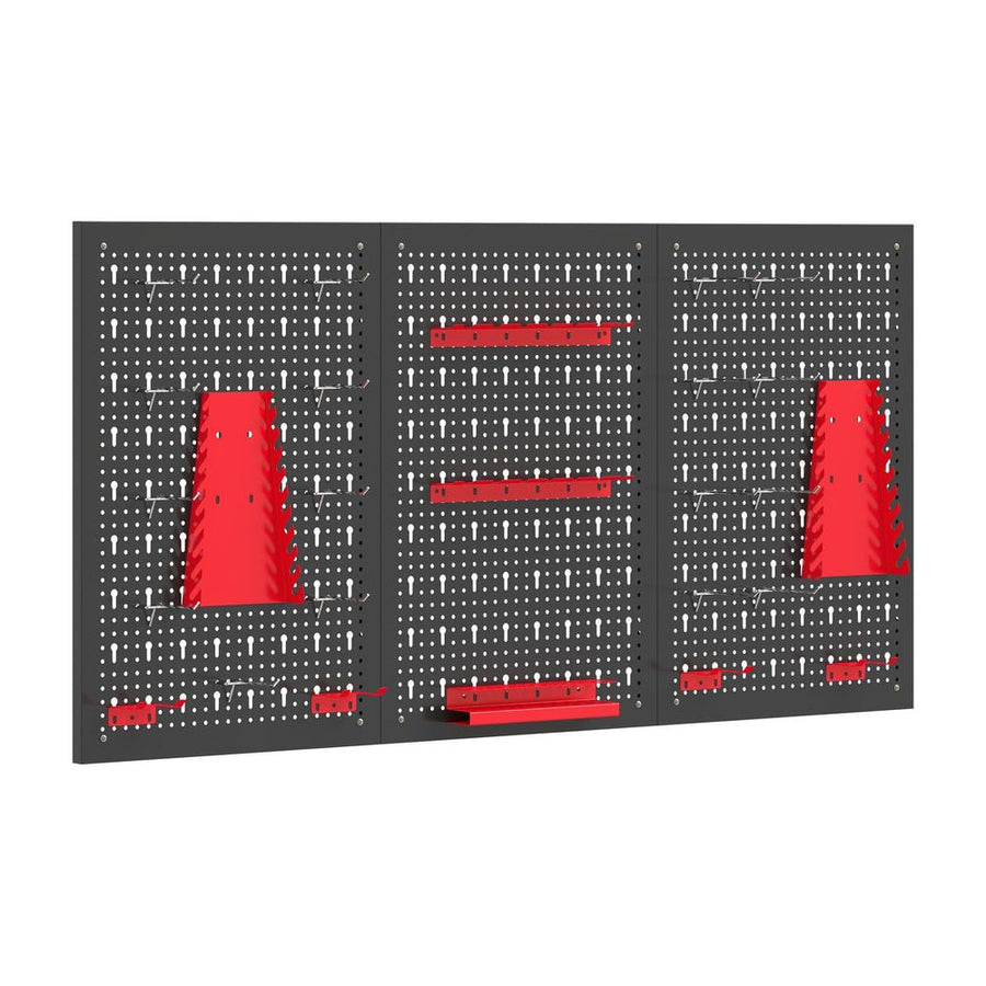 HOMCOM 28 Pcs Wall-Mounted Pegboard with 3 Boards, Garage Tool Storage Unit Black and Red