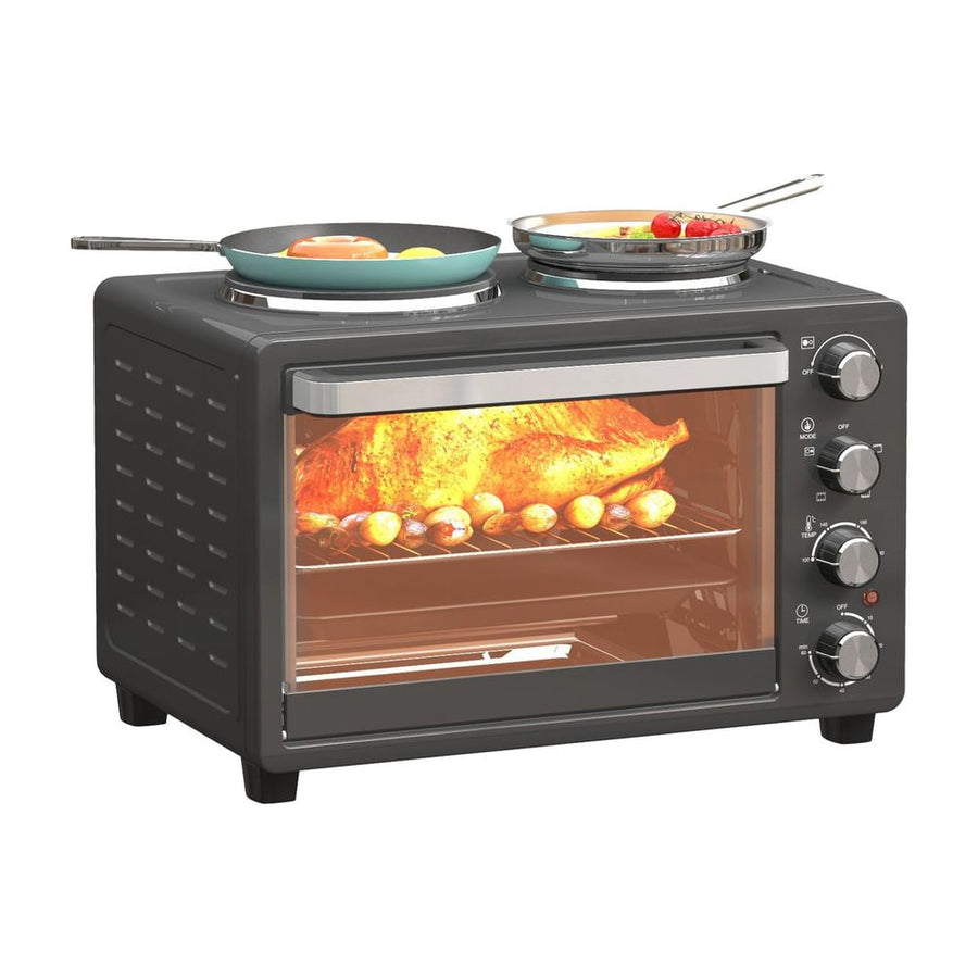 HOMCOM 28L Mini Oven with 2 Hot Plates with pans on top and a roast chicken inside