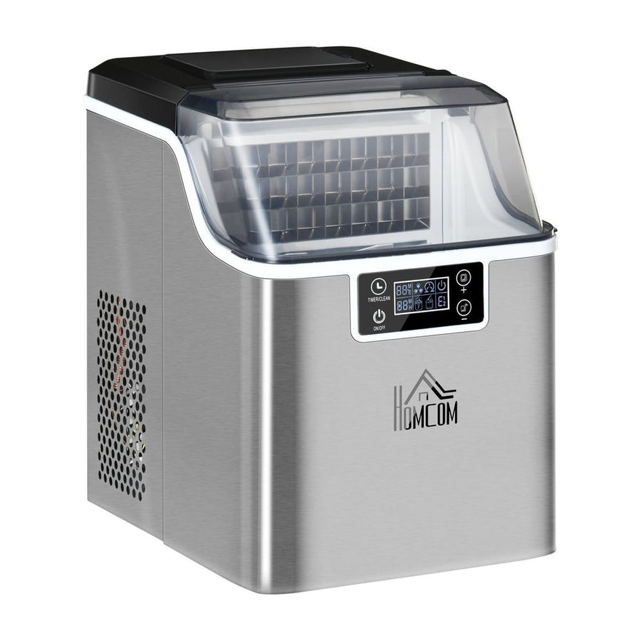 HOMCOM 3.2L Compact Ice Machine in silver-tone with a clear lid showing ice inside