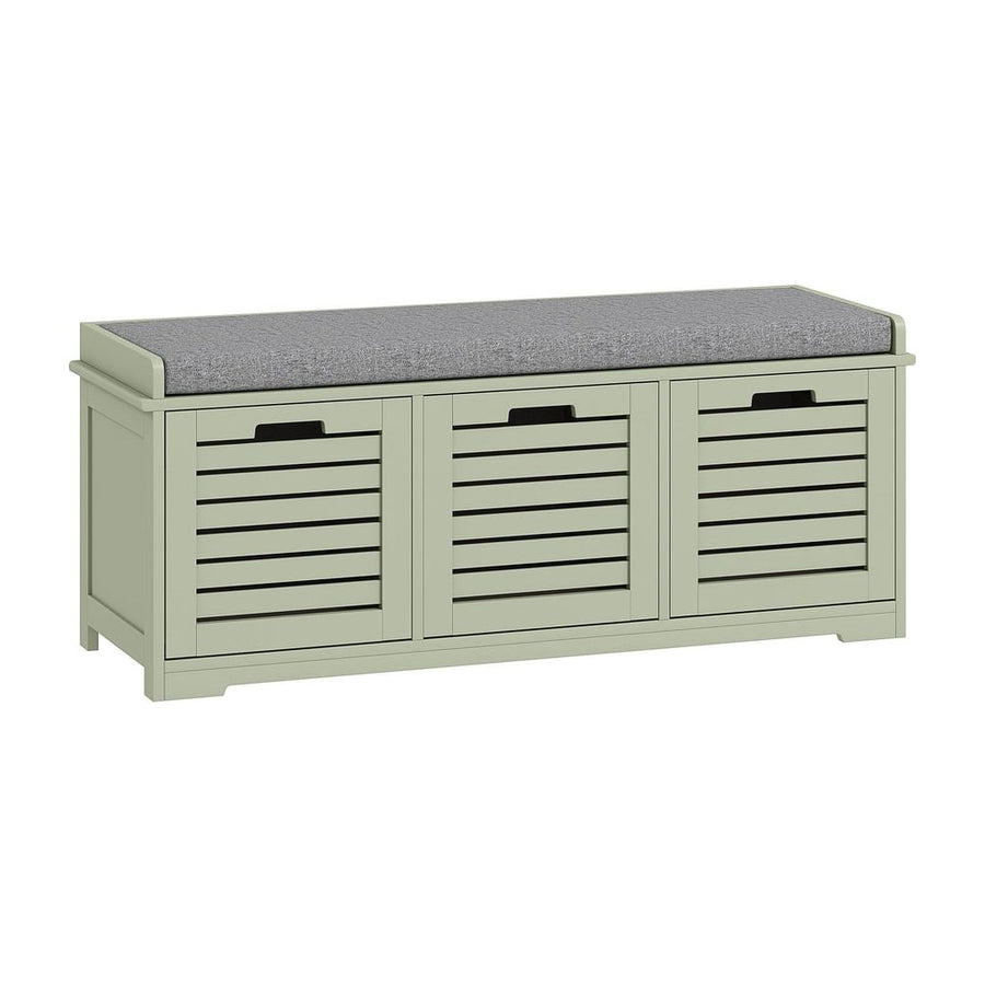 HOMCOM 3-Drawer Shoe Storage Bench in green with a grey cushioned top