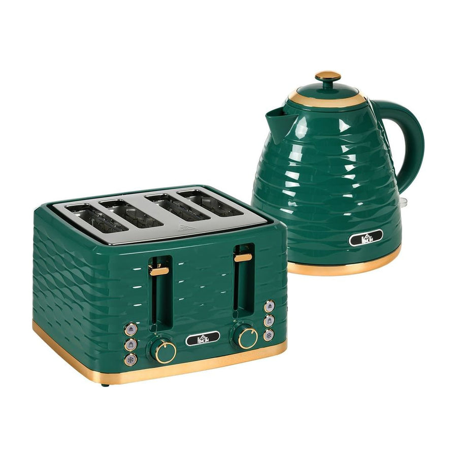 HOMCOM 3000W 1.7L Rapid Boil Kettle & 4 Slice Toaster in green with gold accents