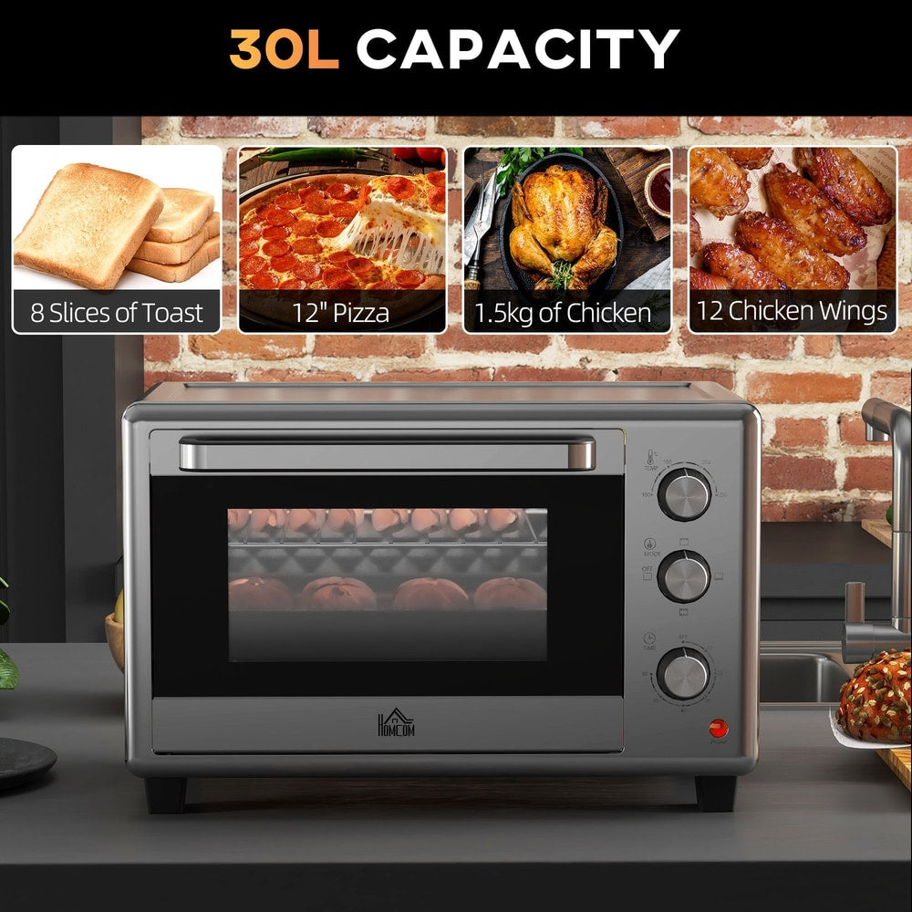 The electric oven shown with various food items like toast pizza and chicken displayed above it