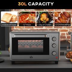 The electric oven shown with various food items like toast pizza and chicken displayed above it