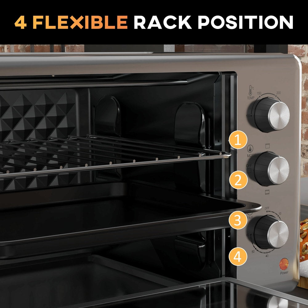 The electric oven interior featuring a wire rack and baking tray with four shelf level markers