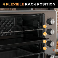 The electric oven interior featuring a wire rack and baking tray with four shelf level markers