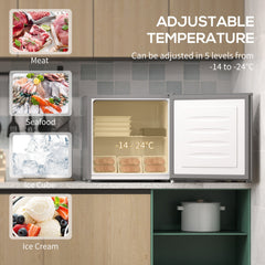 Open door of the mini freezer showing compartments for meat, seafood, ice cubes and ice cream