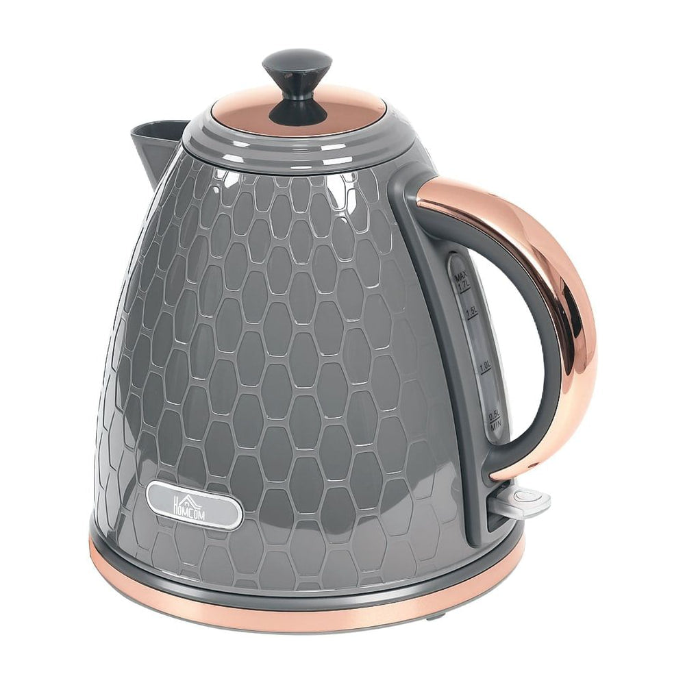 HOMCOM 3kW Rapid Boil Honeycomb Kettle in grey with a copper handle and base on a white background