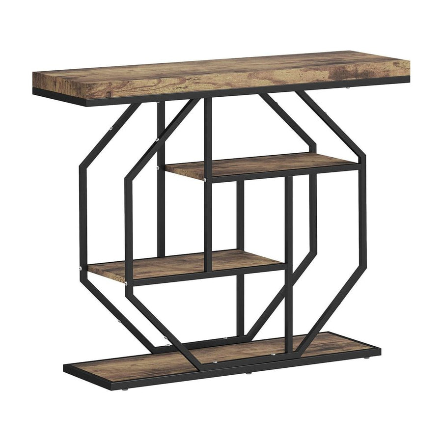HOMCOM 4-Tier Industrial Console Table with rustic brown wood effect shelves and black metal frame