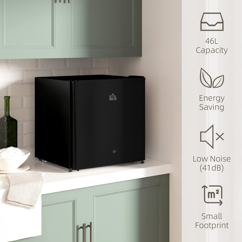 Black countertop fridge with text overlay highlighting its 46L capacity and low noise