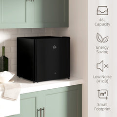 Black countertop fridge with text overlay highlighting its 46L capacity and low noise