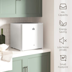 The cream white countertop fridge on a kitchen worktop with icons listing product benefits