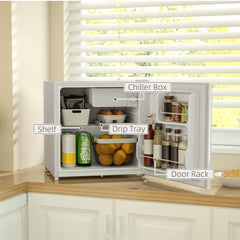 The cream white countertop fridge with the door open revealing internal shelves and storage