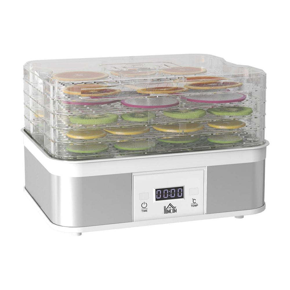 HOMCOM 5 Tier Food Dehydrator with clear trays and a white base, showing dried fruit slices