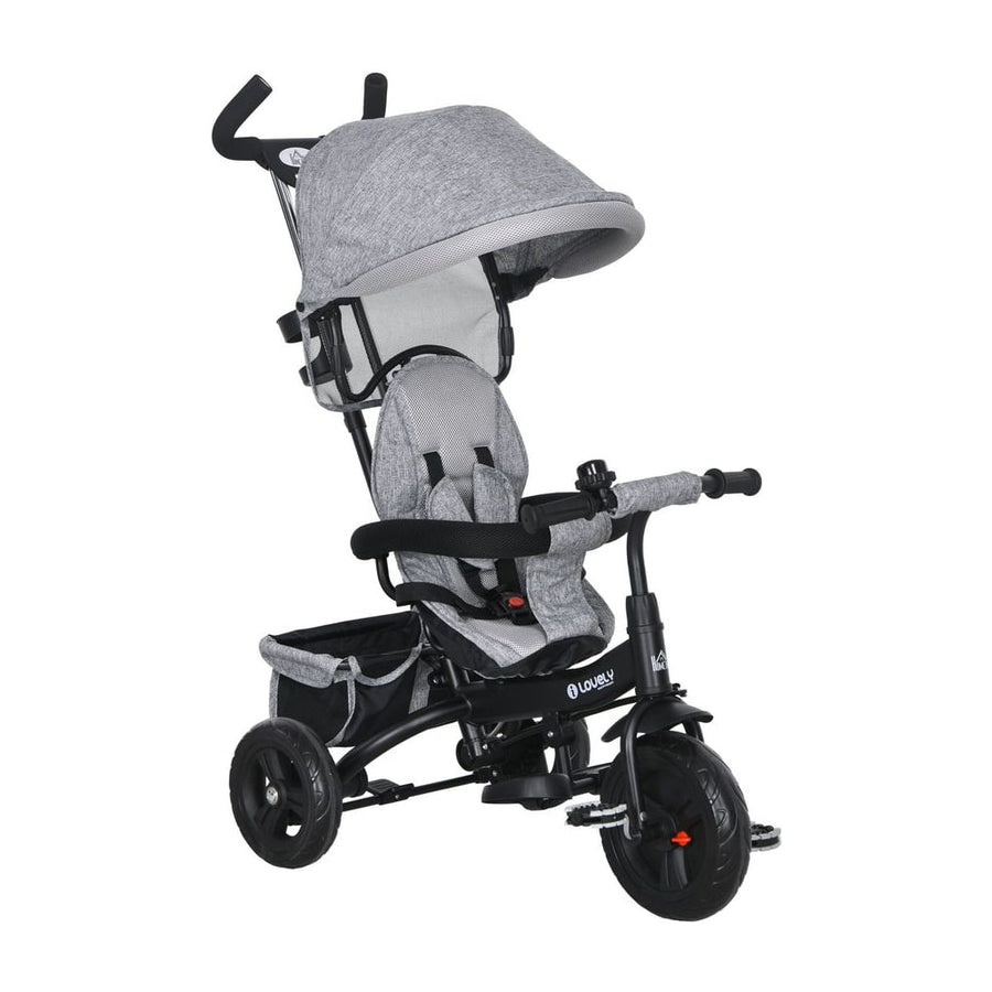 HOMCOM 6 in 1 Kids Trike Push Bike in grey, with canopy and parent handle