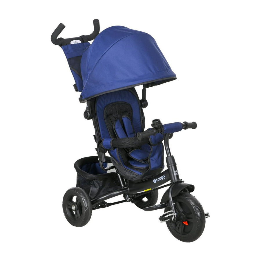 HOMCOM 6 in 1 Kids Trike Push Bike in dark blue with a canopy, safety belt and storage basket