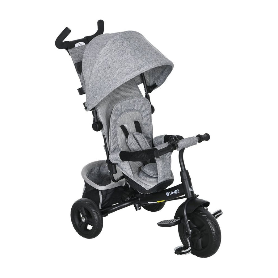 HOMCOM 6 in 1 Kids Trike with Parent Handle, a grey tricycle with a canopy and safety features