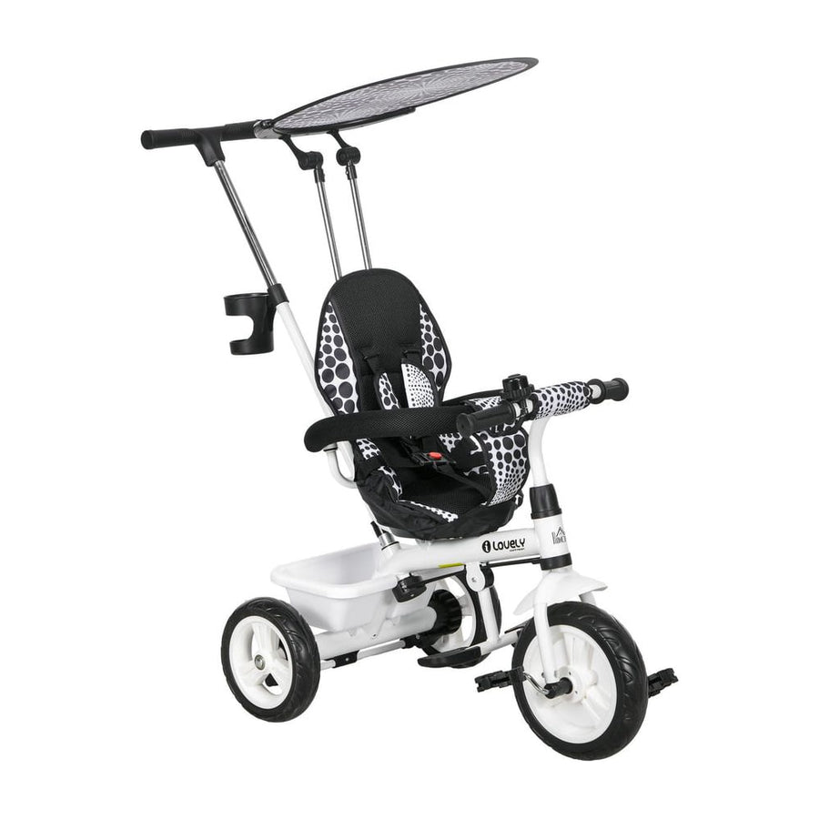 HOMCOM 6 in 1 Tricycle with a white frame and black and white patterned seat and canopy