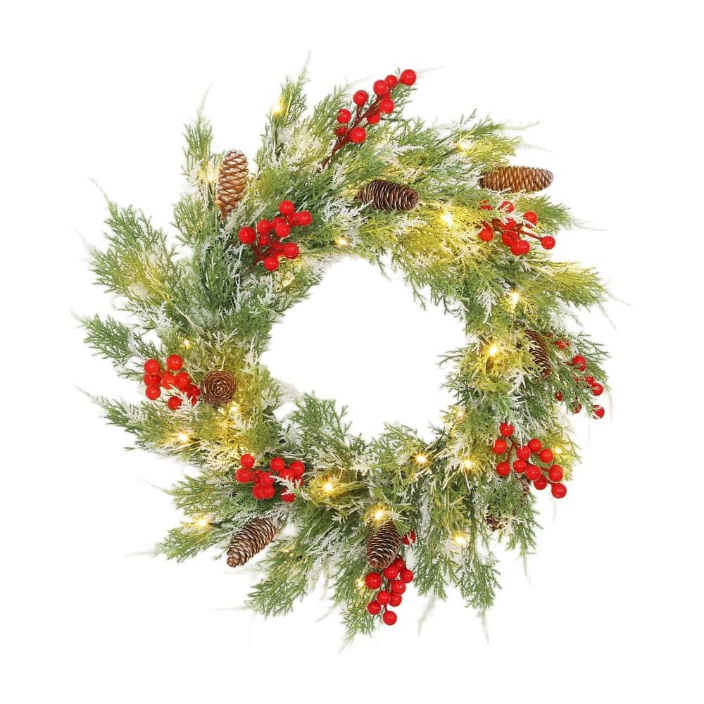 HOMCOM 60 cm Prelit Christmas Wreath, Door Wreath with Realistic Branches, 30 Warm White LEDs, Timer, Battery Operated