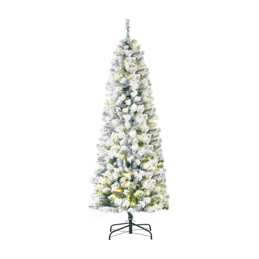 HOMCOM 6FT Prelit Artificial Snow Flocked Christmas Tree with Warm White LED Light, Holiday Home Xmas Decoration, Green White