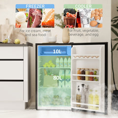 Open view of the black under-counter fridge showing freezer and cooler compartments