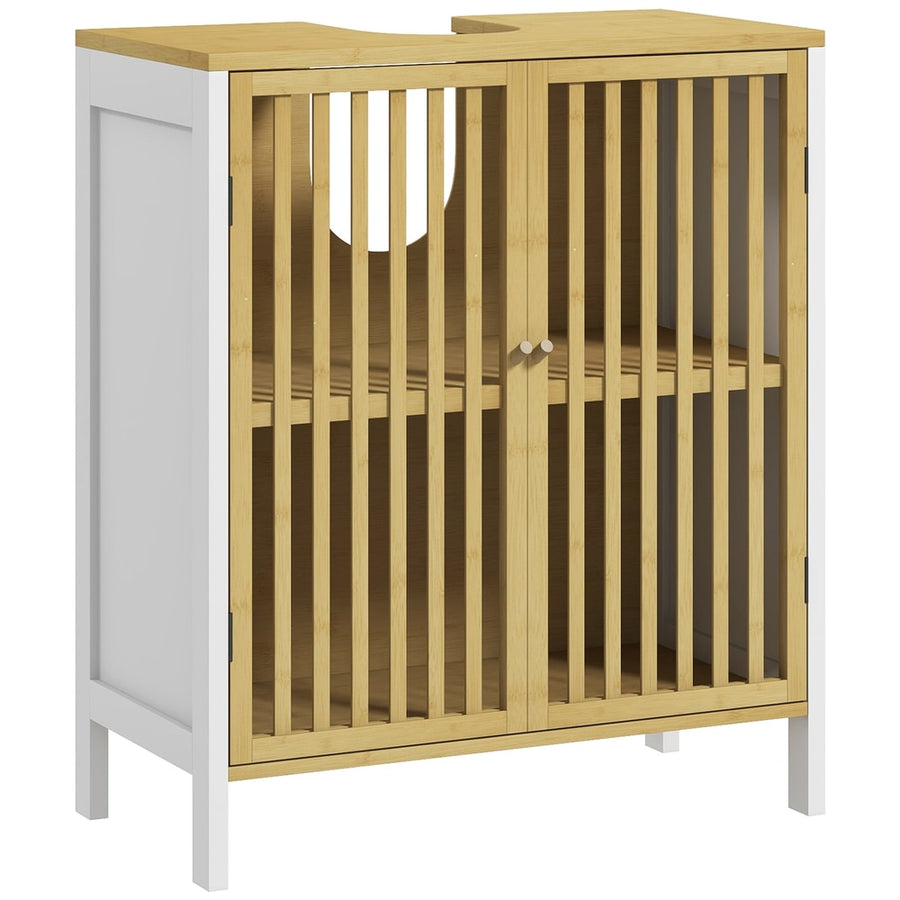 HOMCOM Bamboo-Blend Retro Cut-Out Under Sink Cabinet with white sides and slatted bamboo doors