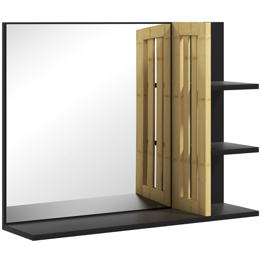 HOMCOM Bamboo Panel Bathroom Mirror with black frame and bamboo slatted doors
