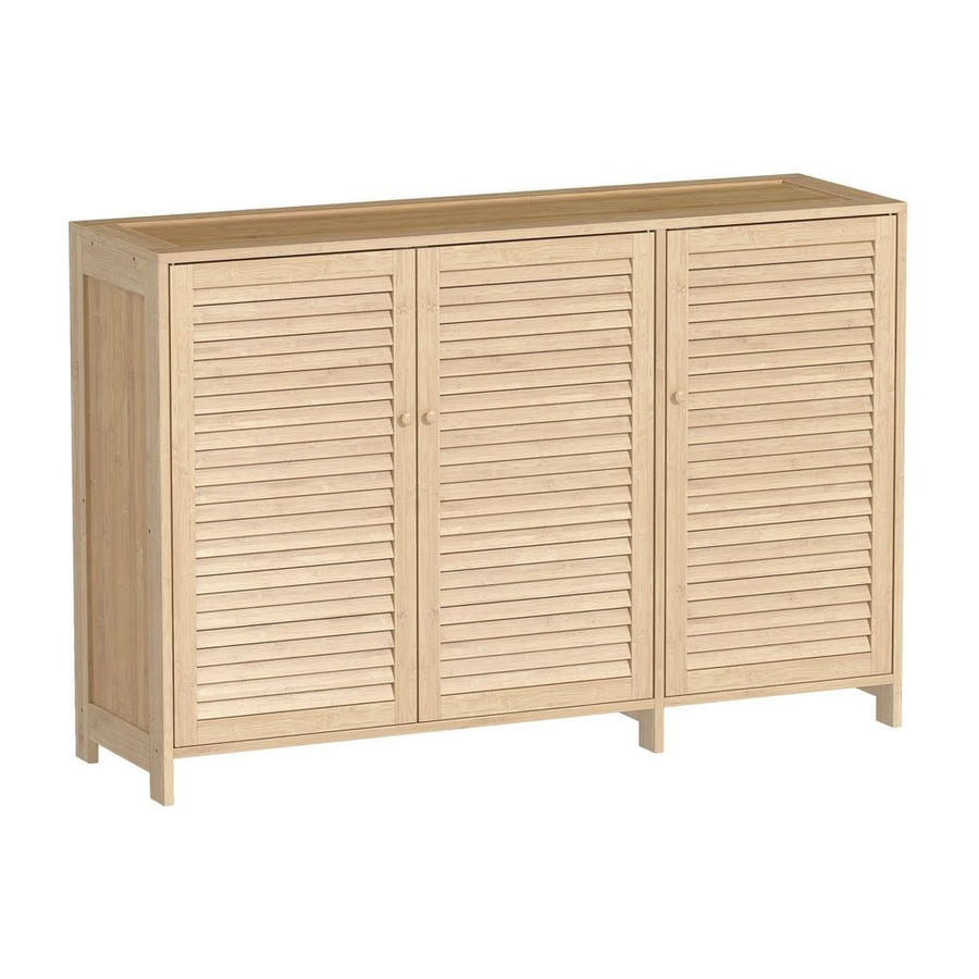 HOMCOM Bamboo Shoe Cabinet with Louvered Doors, a natural wood storage unit with three doors