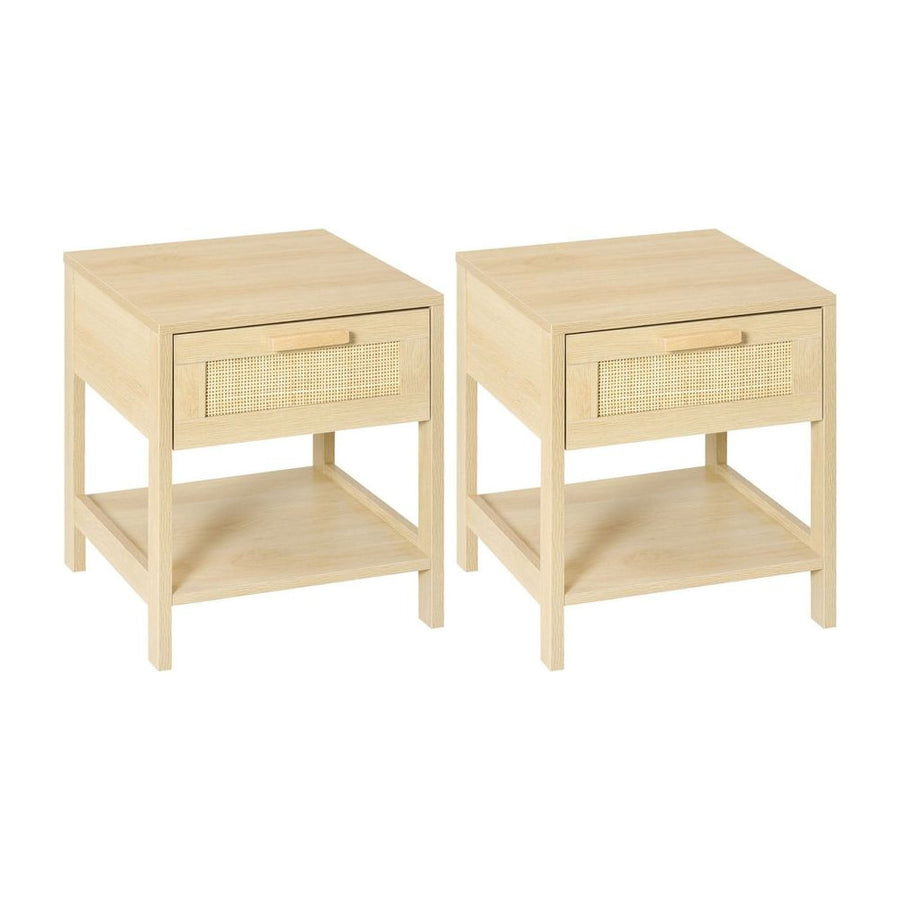 HOMCOM Bedside Table, Nightstand with Rattan Drawer and Storage Open Shelf, Farmhouse Side Table for Bedroom, Living Room