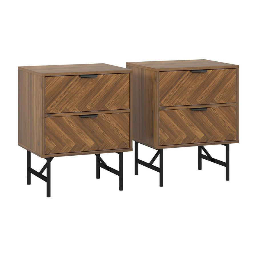 HOMCOM Bedside Table Set of 2 with 2 Drawers, Modern Side Tables with Herringbone Pattern and Metal Legs for Bedroom, Living