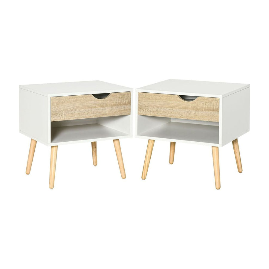 HOMCOM Bedside Table with Drawer and Shelf, Modern Nightstand, End Table for Bedroom, Living Room, Set of 2