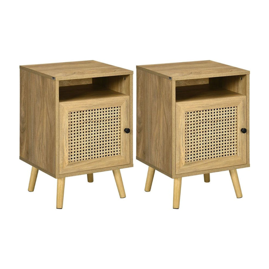 HOMCOM Bedside Table with Rattan Element, Side End Table with Shelf and Cupboard, 39cmx35cmx60cm, Set of 2, Natural