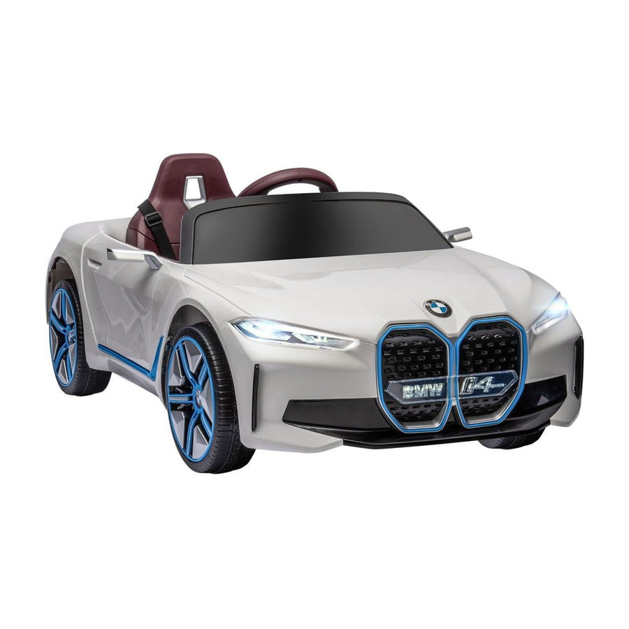 HOMCOM BMW i4 Licensed 12V Kids Electric Ride-On Car, a white electric toy car with blue trim and a red interior