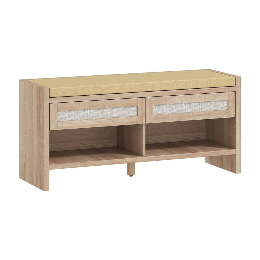 HOMCOM Boho Shoe Bench with 2 Rattan Drawers showing the oak wood effect frame and cushioned seat