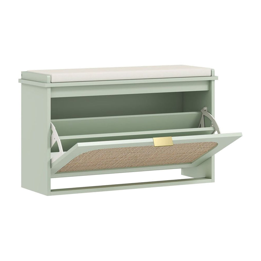 HOMCOM Boho Shoe Bench with Padded Seat and Flip-Drawer in light green with the front door open