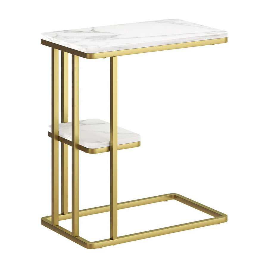 HOMCOM C-Shaped Narrow Side Table, 2-Tier Slim End Table, Nightstand for Small Spaces, Living Room, Bedroom, White Marble